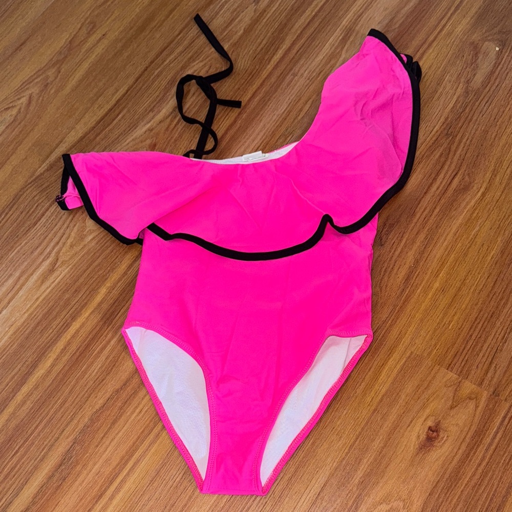 Pink One-Shoulder Swimsuit with Black Trim